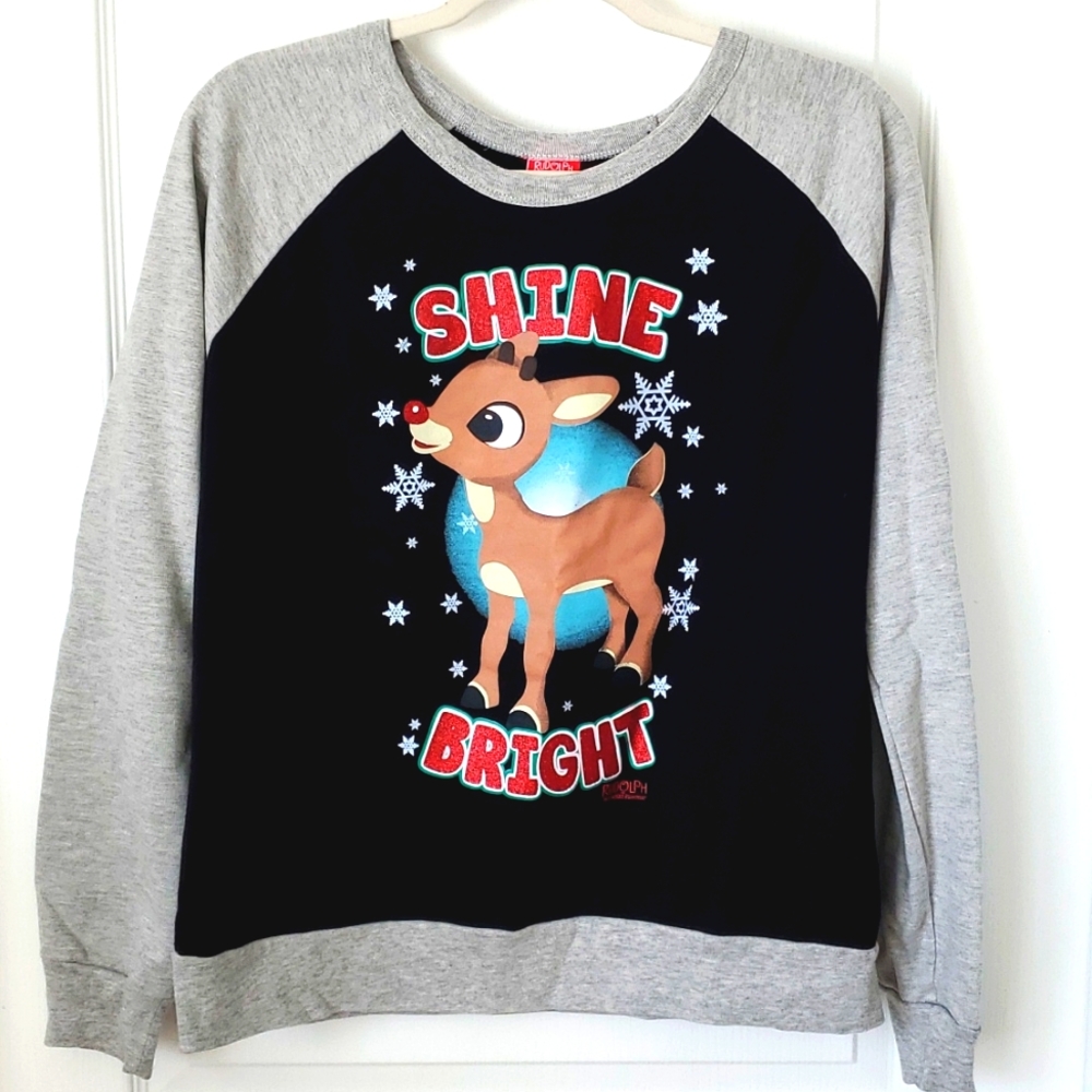 Rudolph The RED-NOSED Reindeer Shine Bright  Sweatshirt With Snowflakes